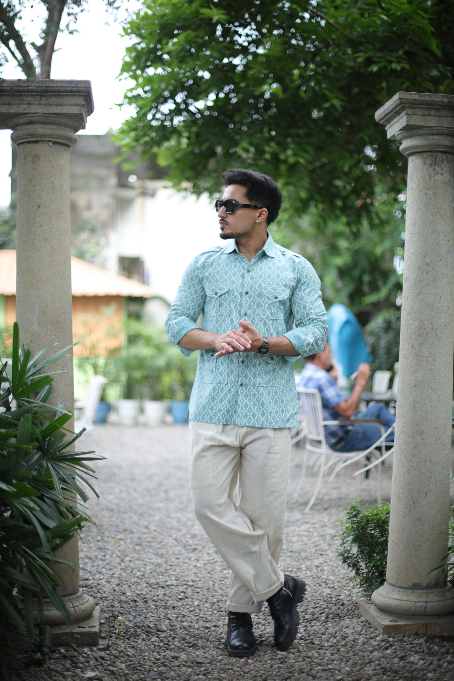 Azure Blue Ikat Print Hunting Style Shirt