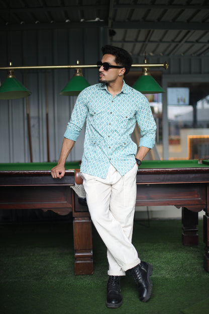 Azure Blue Ikat Print Hunting Style Shirt