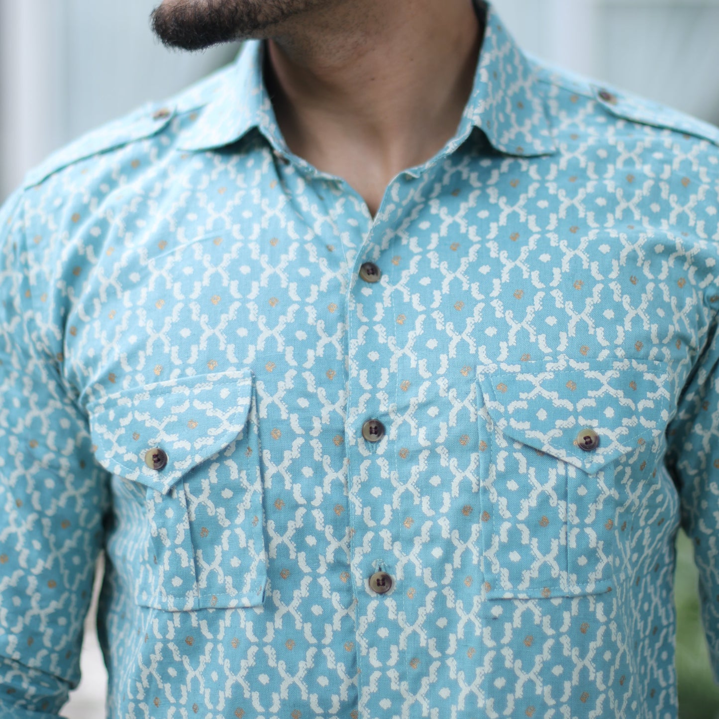 Azure Blue Ikat Print Hunting Style Shirt