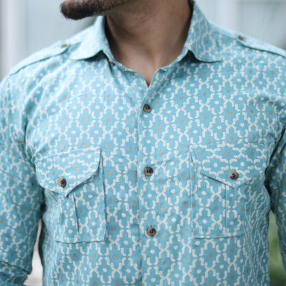 Azure Blue Ikat Print Hunting Style Shirt