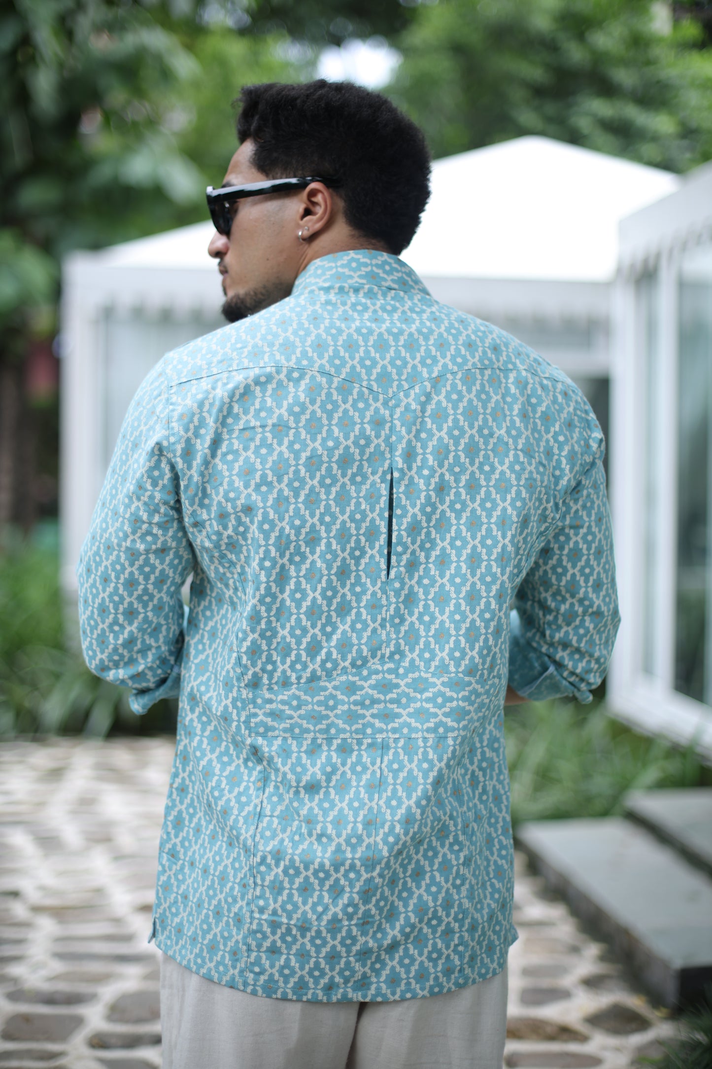 Azure Blue Ikat Print Hunting Style Shirt