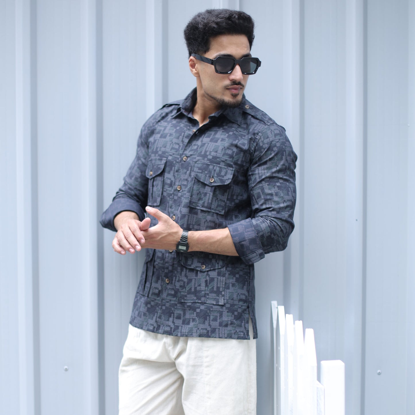 Charcoal Grey Printed Hunting Style Shirt