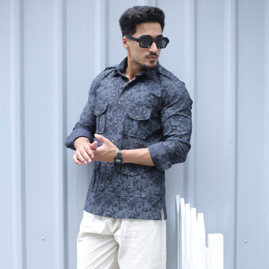 Charcoal Grey Printed Hunting Style Shirt