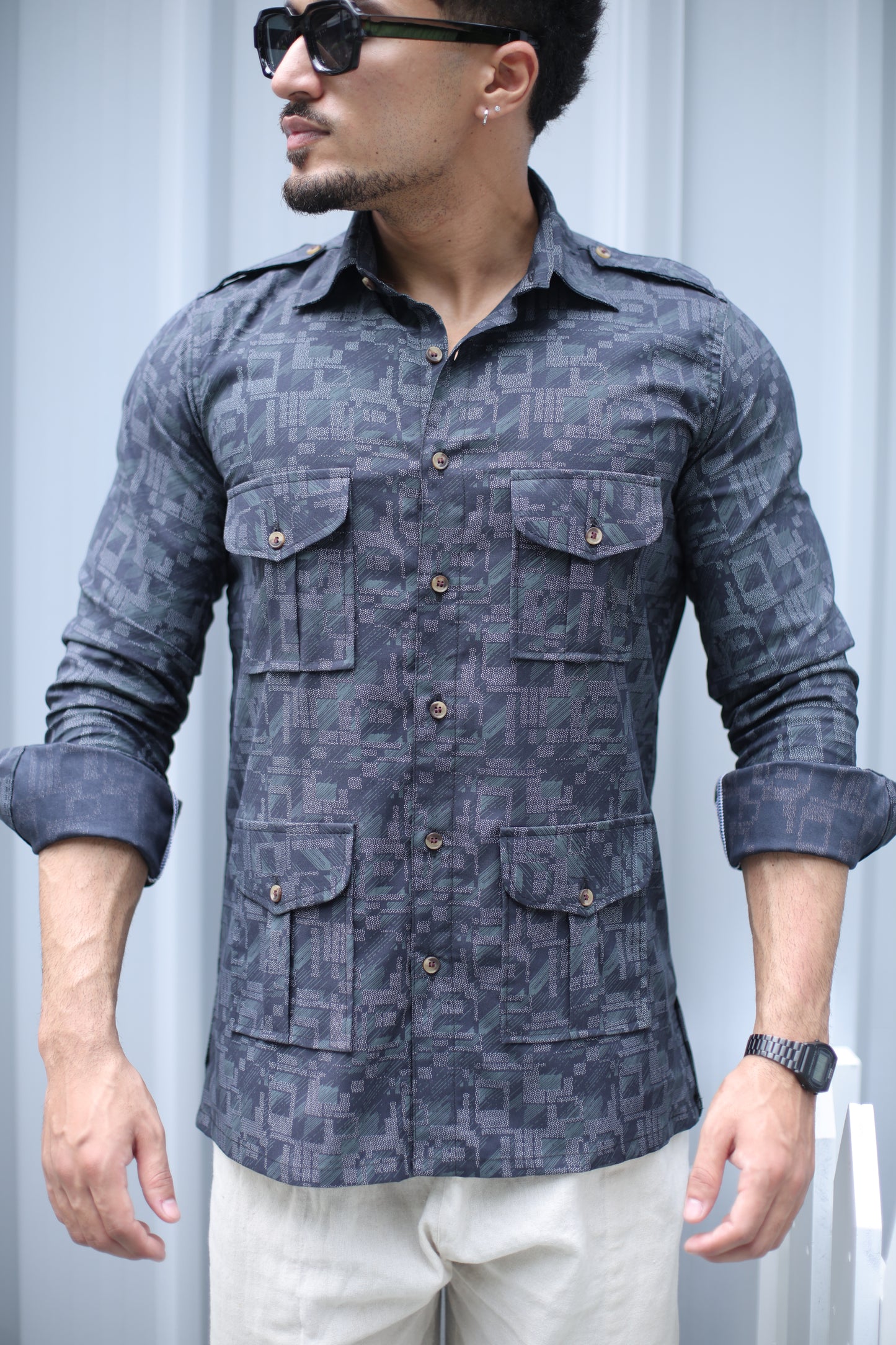 Charcoal Grey Printed Hunting Style Shirt