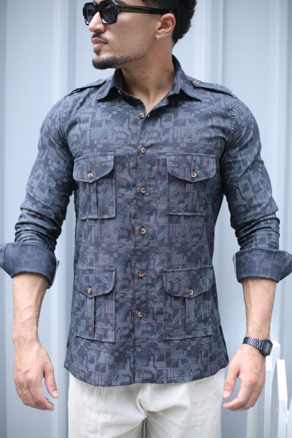 Charcoal Grey Printed Hunting Style Shirt