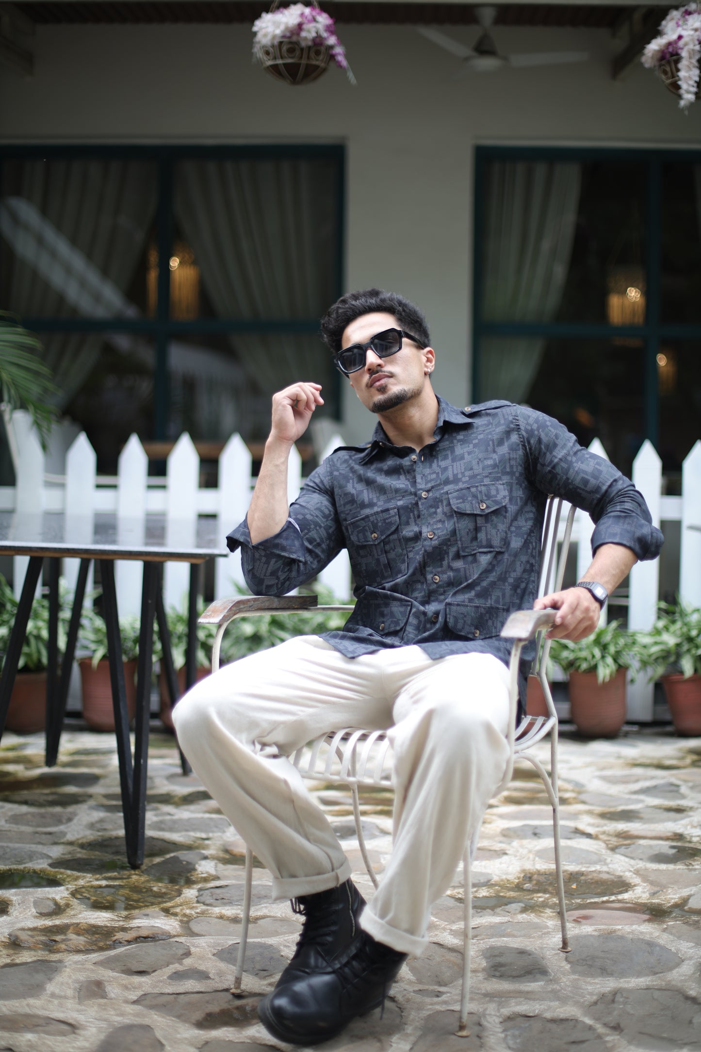 Charcoal Grey Printed Hunting Style Shirt