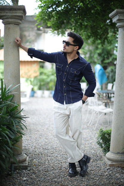 Navy Blue Denim Contrast Stitch Shirt