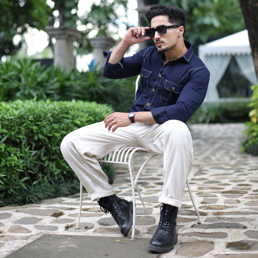 Navy Blue Denim Contrast Stitch Shirt