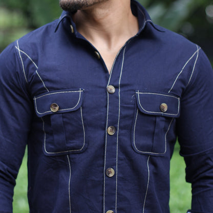 Navy Blue Denim Contrast Stitch Shirt