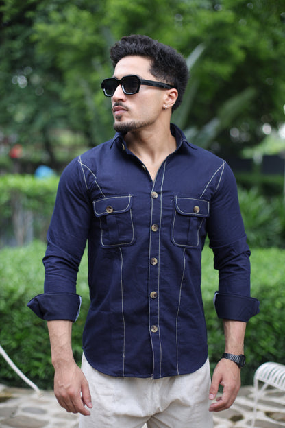 Navy Blue Denim Contrast Stitch Shirt