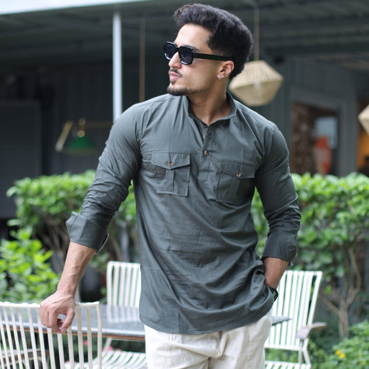 Olive Green Mandarin Collar Short Kurta