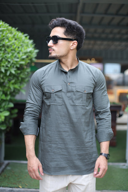 Olive Green Mandarin Collar Short Kurta