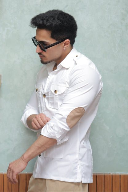 Rajanyas Four-Pocket White Hunting Shirt with Elbow Patch