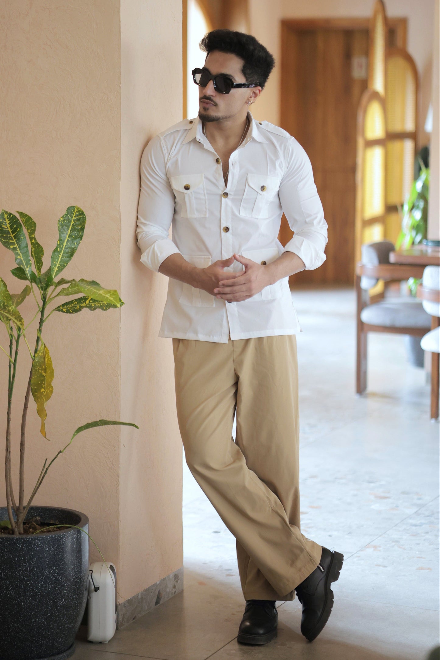Rajanyas Four-Pocket White Hunting Shirt with Elbow Patch