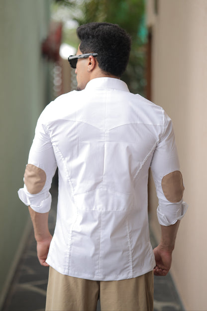 Rajanyas Four-Pocket White Hunting Shirt with Elbow Patch