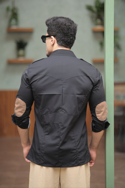 Rajanyas Four-Pocket Black Hunting Shirt with Elbow Patch
