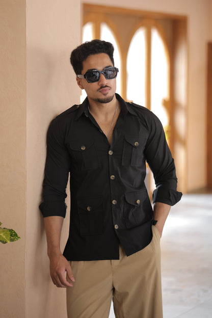 Rajanyas Four-Pocket Black Hunting Shirt with Elbow Patch