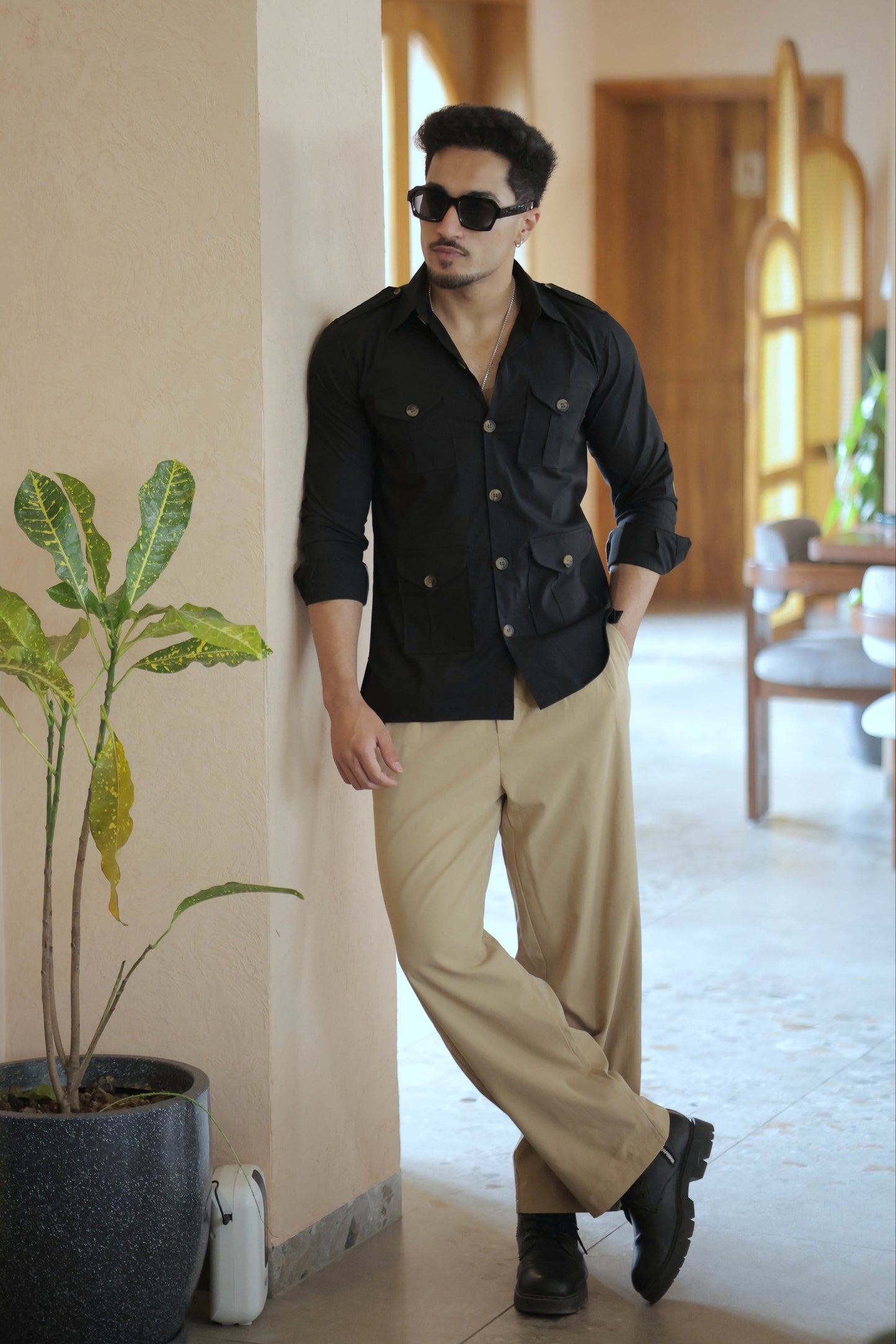 Rajanyas Four-Pocket Black Hunting Shirt with Elbow Patch