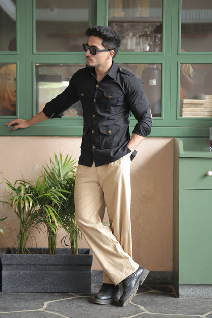 Rajanyas Four-Pocket Black Hunting Shirt with Elbow Patch