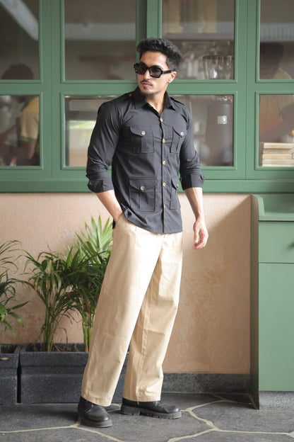 Rajanyas Four-Pocket Black Hunting Shirt with Elbow Patch