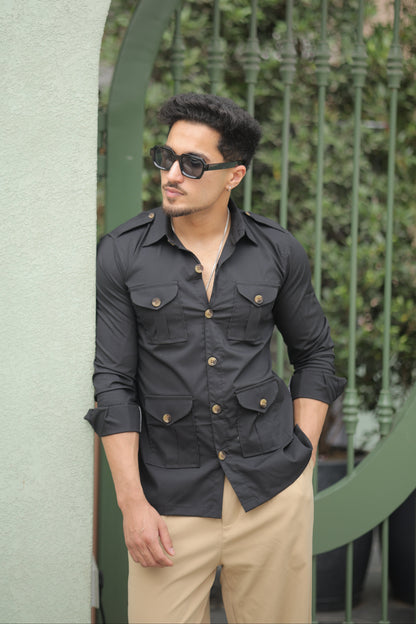 Rajanyas Four-Pocket Black Hunting Shirt with Elbow Patch