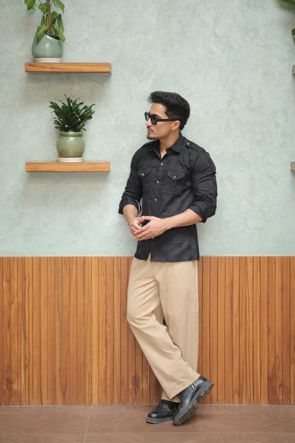 Rajanyas Textured Four-Pocket Hunting Shirt – Black