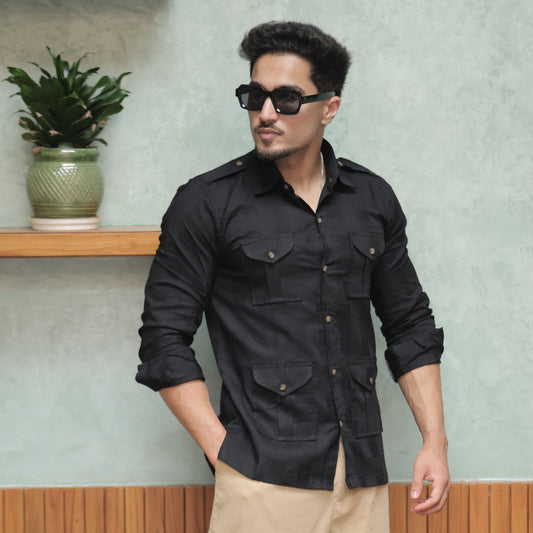 Rajanyas Textured Four-Pocket Hunting Shirt – Black