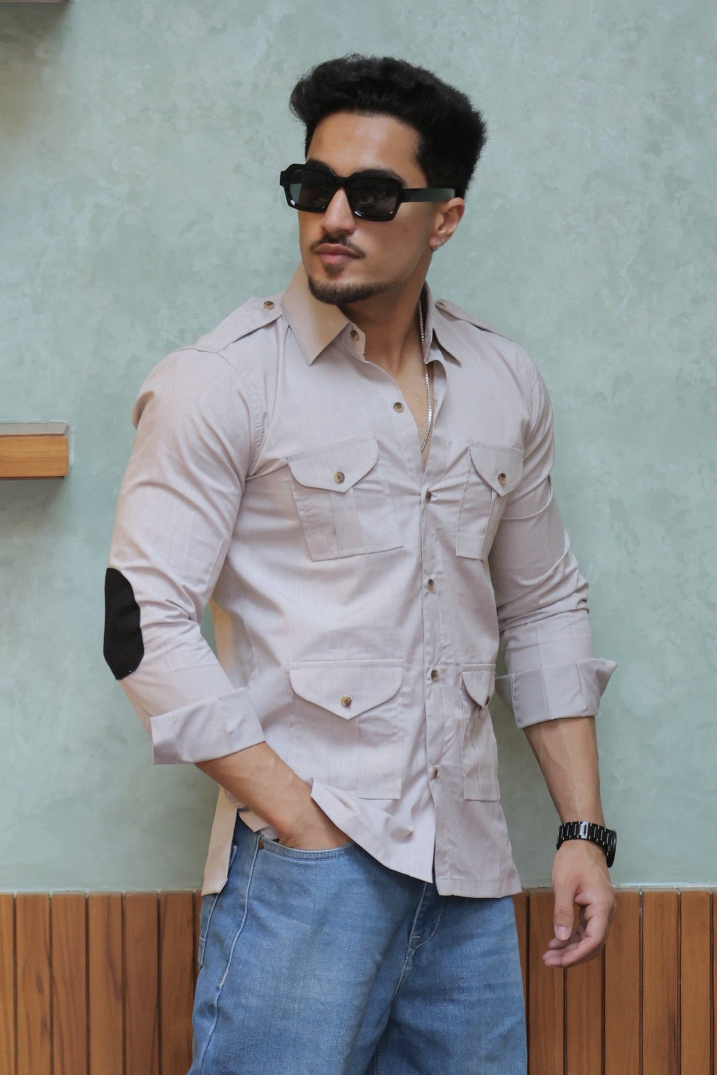 Rajanyas Four-Pocket Grey Hunting Shirt with Elbow Patch
