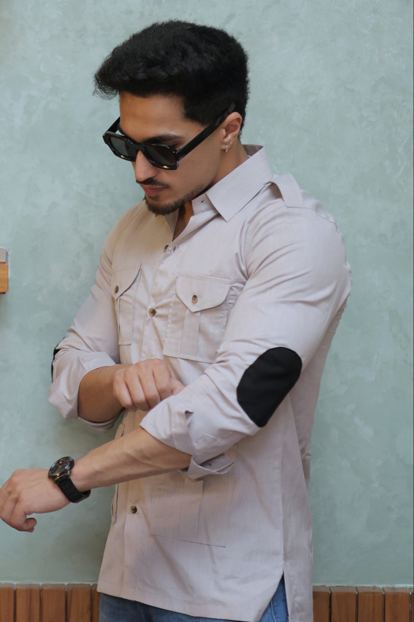 Rajanyas Four-Pocket Grey Hunting Shirt with Elbow Patch