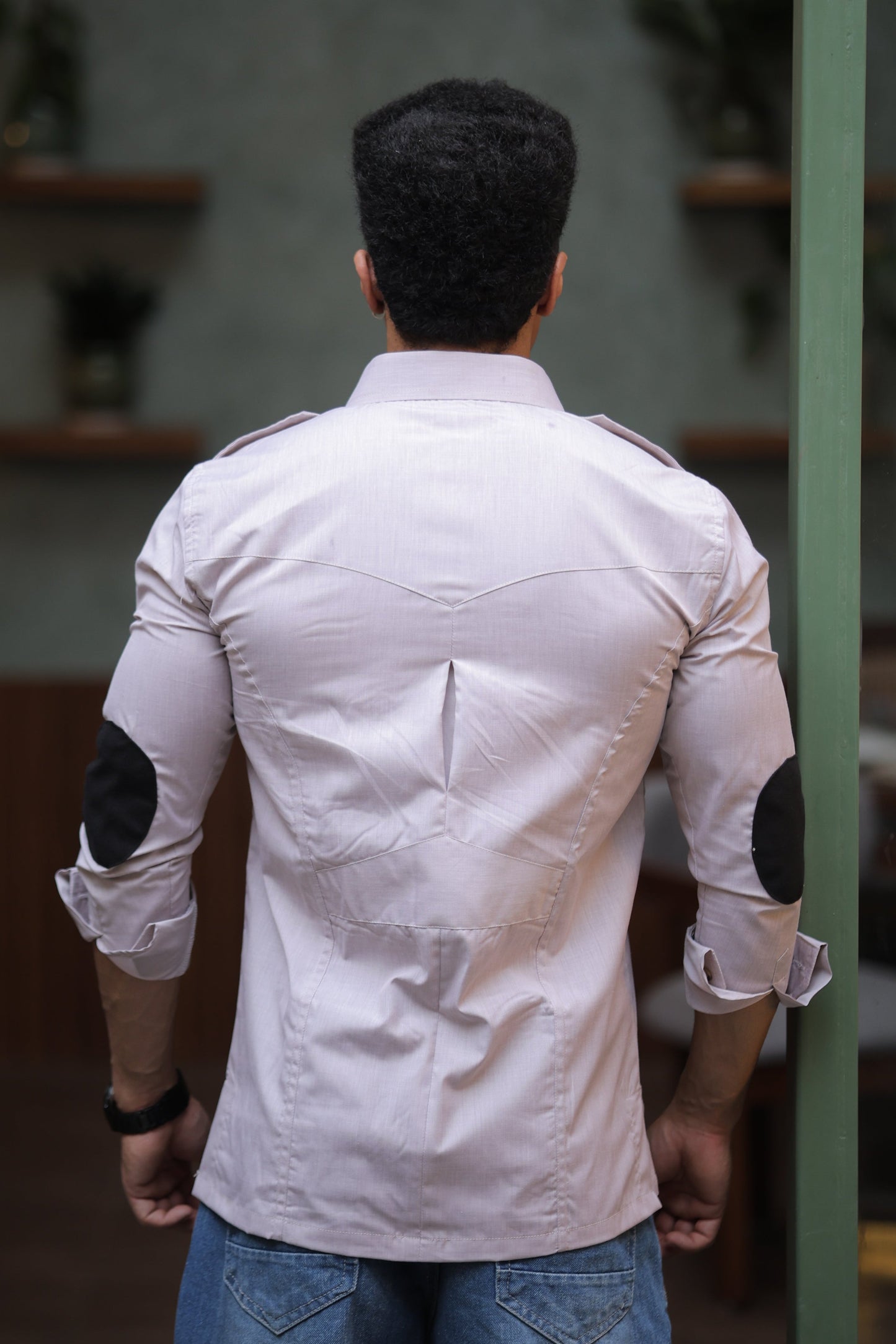 Rajanyas Four-Pocket Grey Hunting Shirt with Elbow Patch