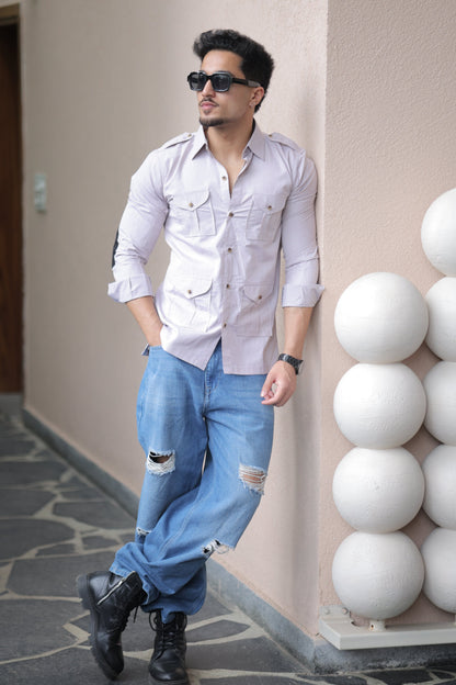 Rajanyas Four-Pocket Grey Hunting Shirt with Elbow Patch