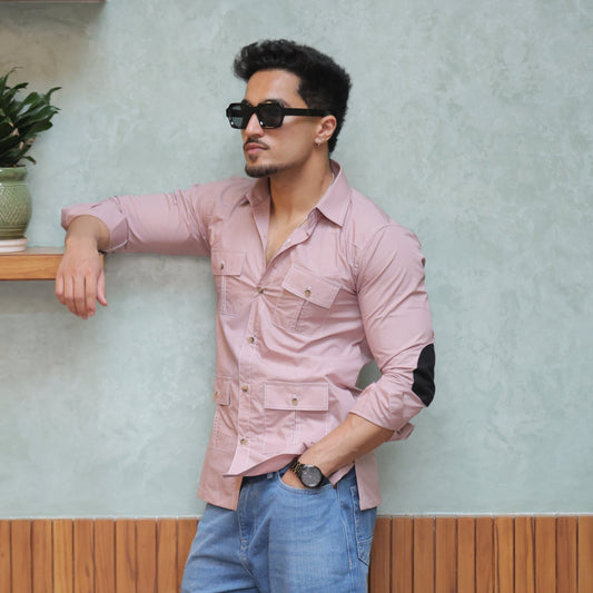 Rajanyas Four-Pocket Dusty Rose Hunting Shirt with Elbow Patch
