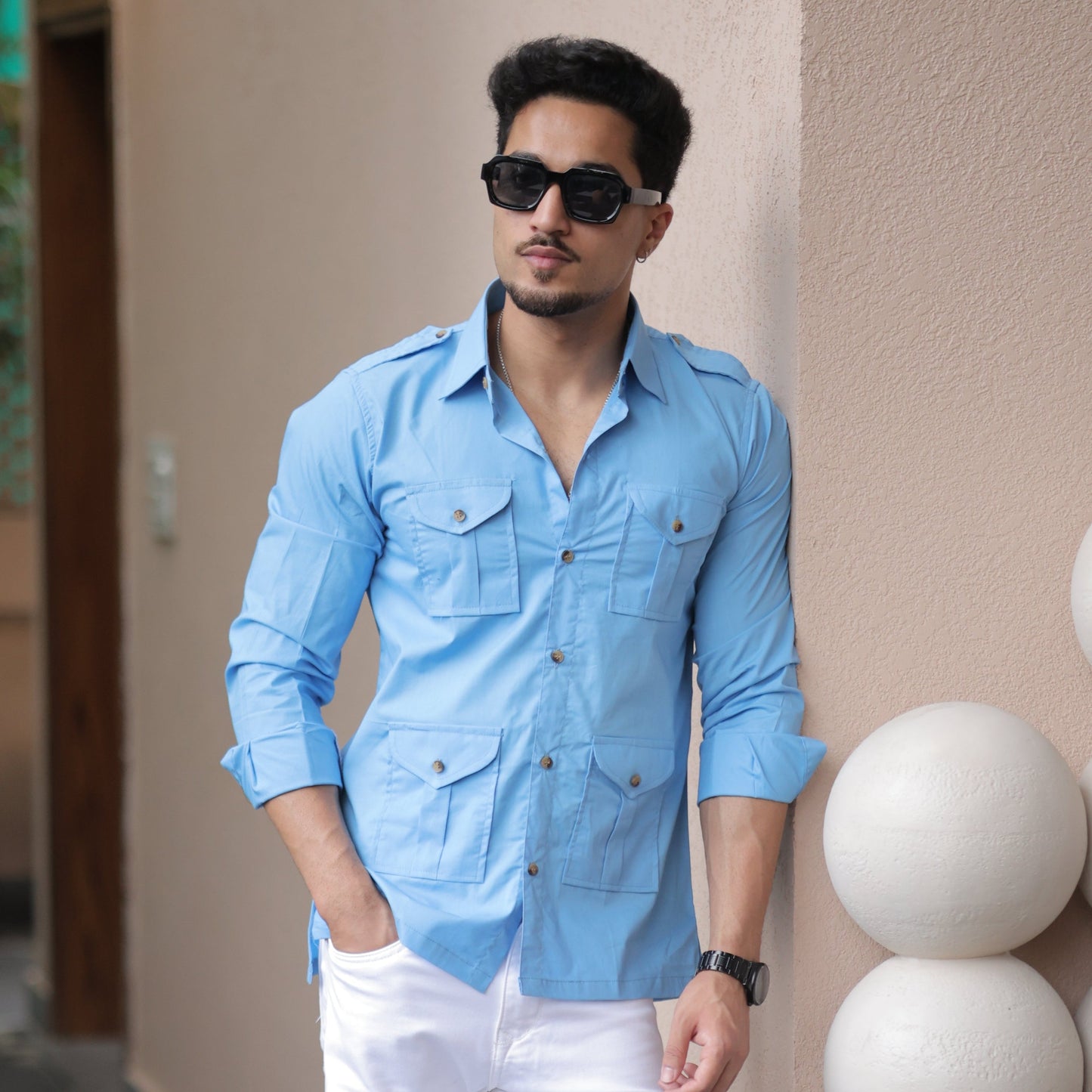 Rajanyas Four-Pocket Hunting Shirt – Powder Blue