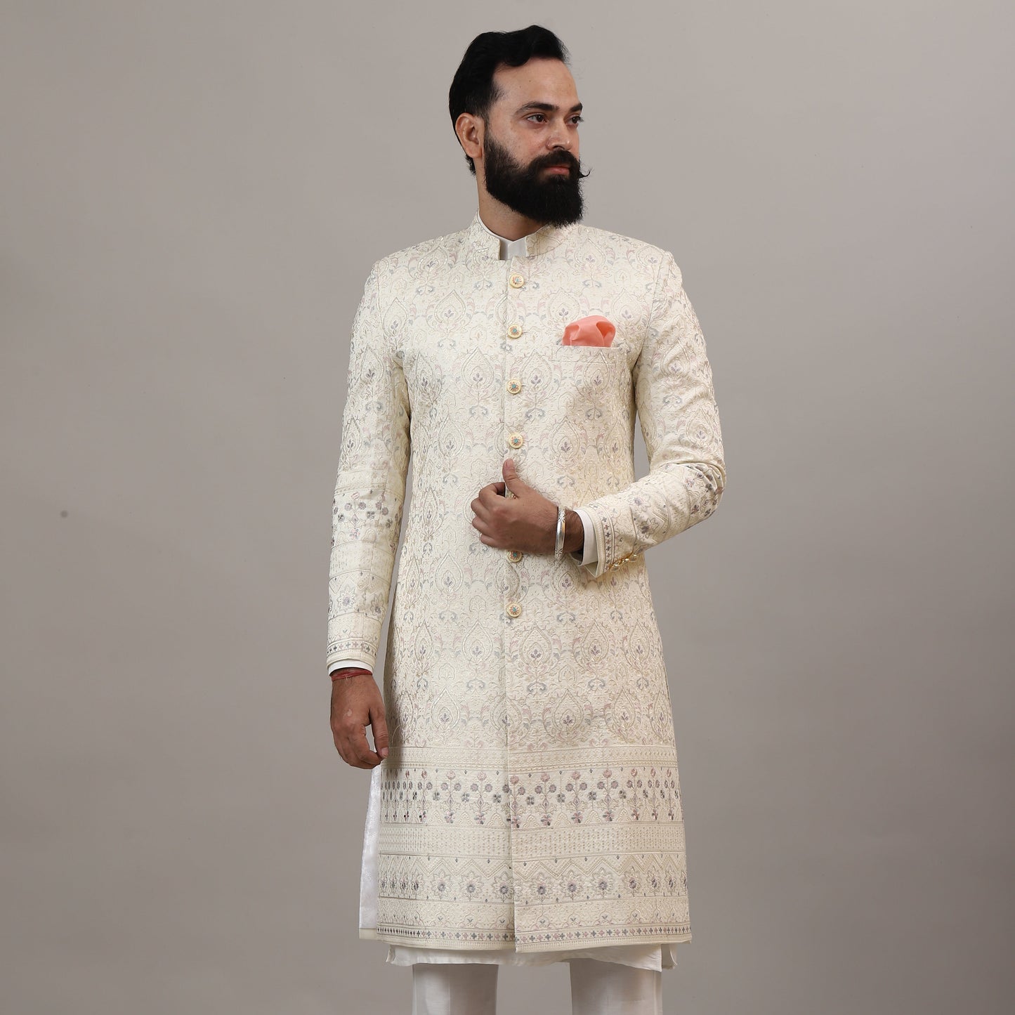 Ivory Embroidered Sherwani Set with Classic Button Detailing | Premium Wedding & Occasion Wear
