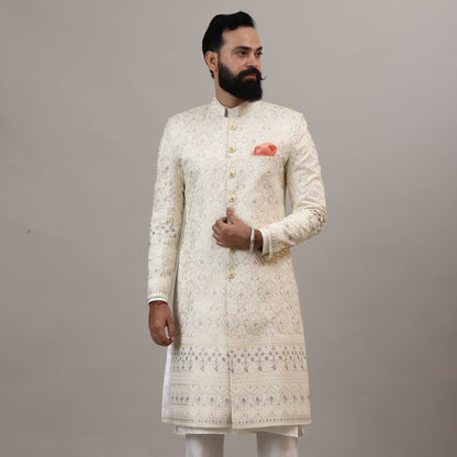 Ivory Embroidered Sherwani Set with Classic Button Detailing | Premium Wedding & Occasion Wear