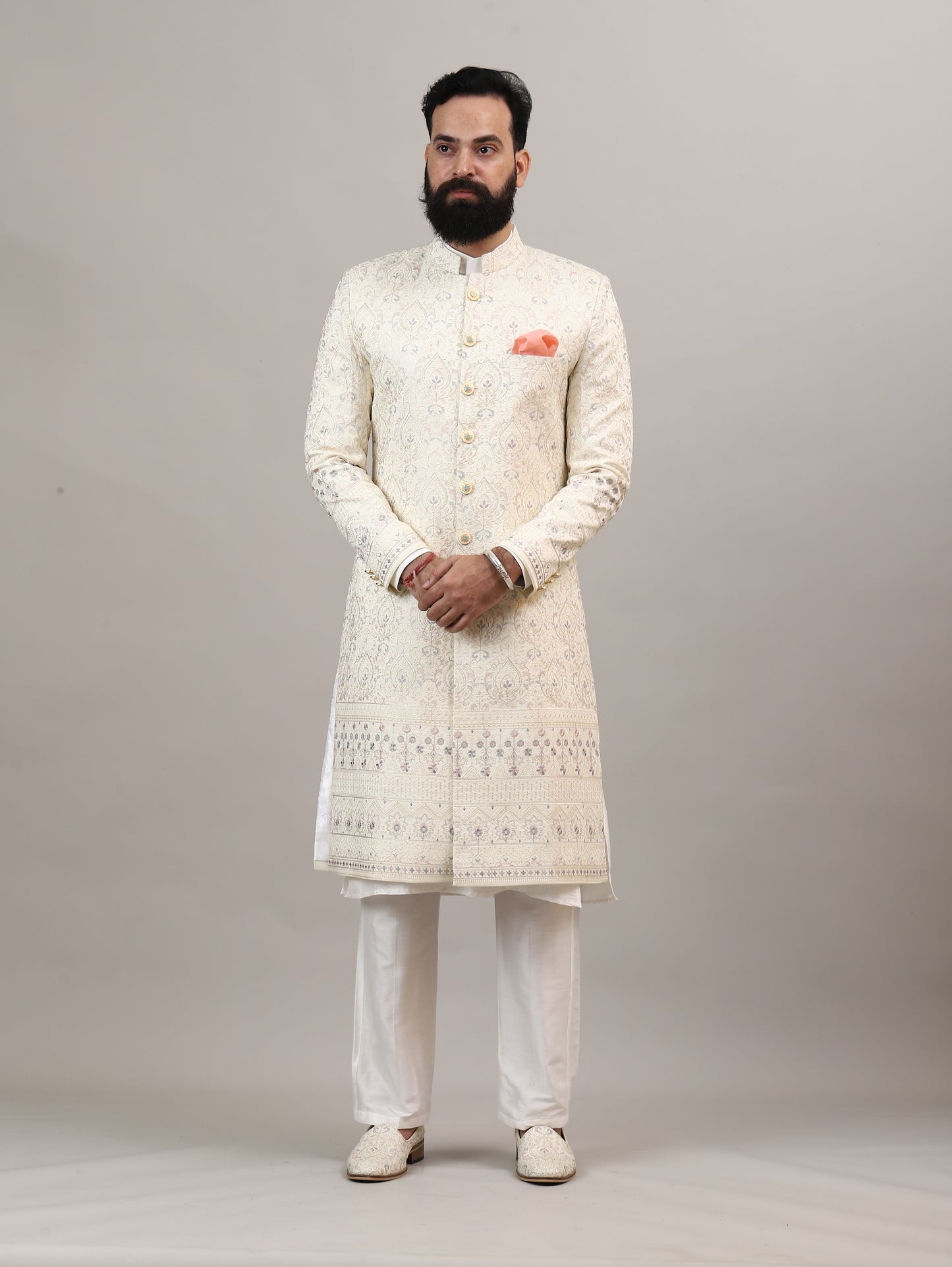 Ivory Embroidered Sherwani Set with Classic Button Detailing | Premium Wedding & Occasion Wear