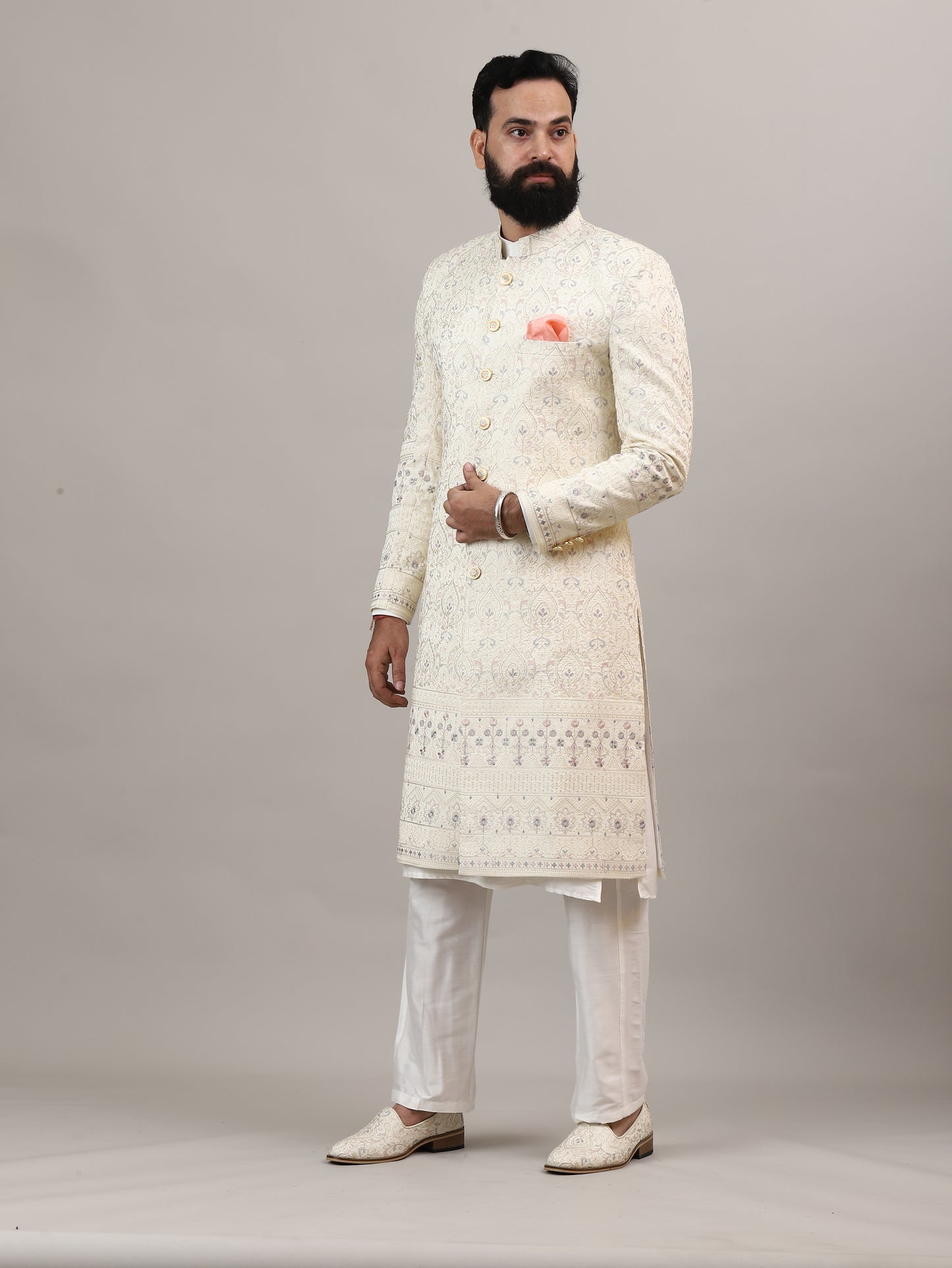 Ivory Embroidered Sherwani Set with Classic Button Detailing | Premium Wedding & Occasion Wear