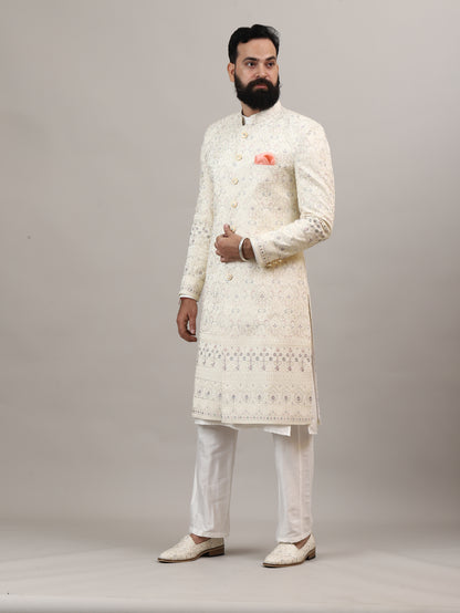 Ivory Embroidered Sherwani Set with Classic Button Detailing | Premium Wedding & Occasion Wear