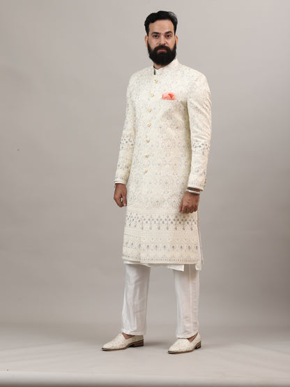 Ivory Embroidered Sherwani Set with Classic Button Detailing | Premium Wedding & Occasion Wear
