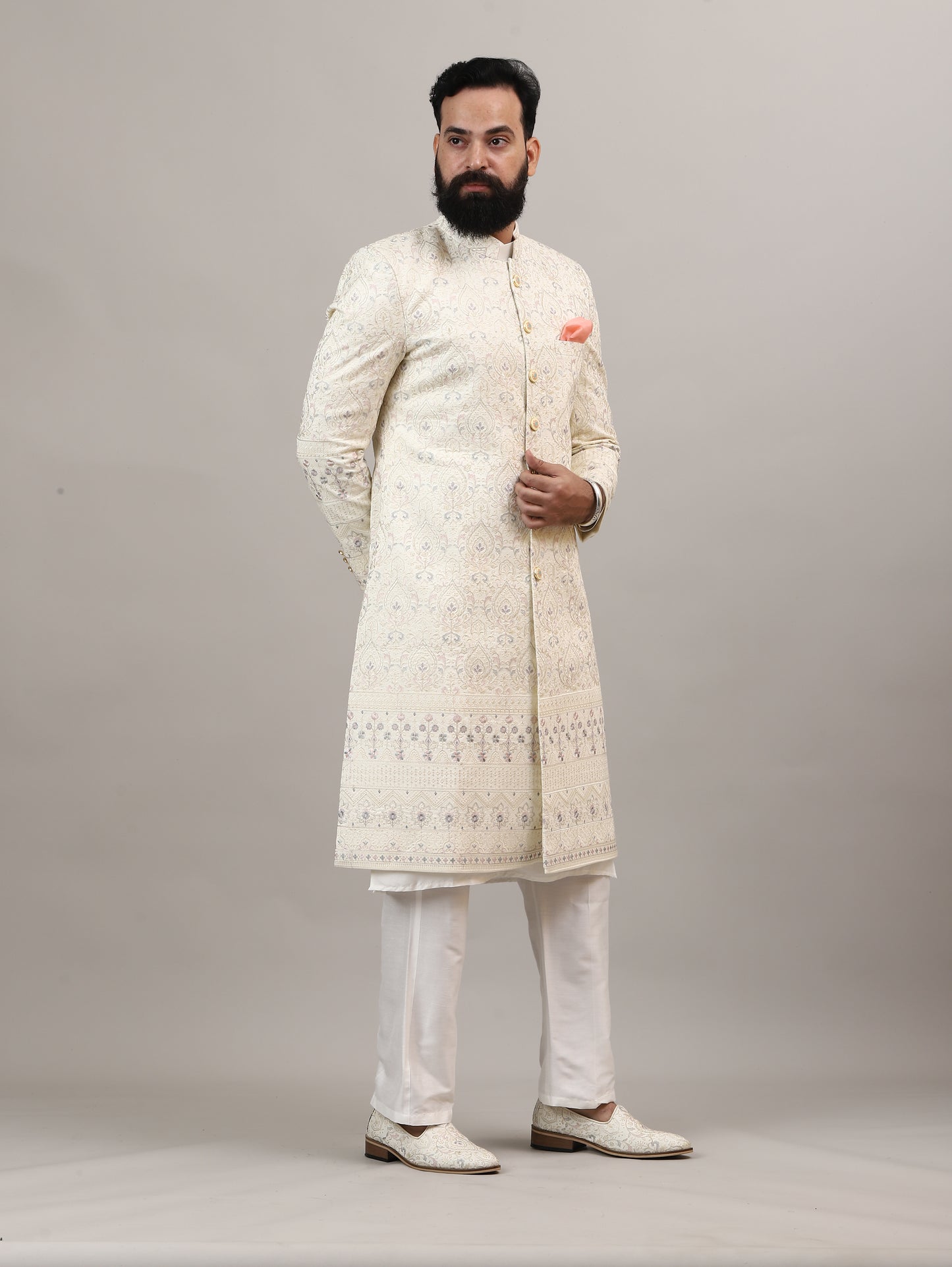 Ivory Embroidered Sherwani Set with Classic Button Detailing | Premium Wedding & Occasion Wear