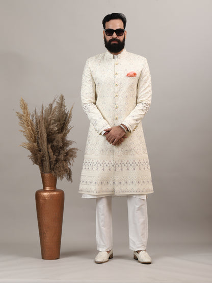 Ivory Embroidered Sherwani Set with Classic Button Detailing | Premium Wedding & Occasion Wear