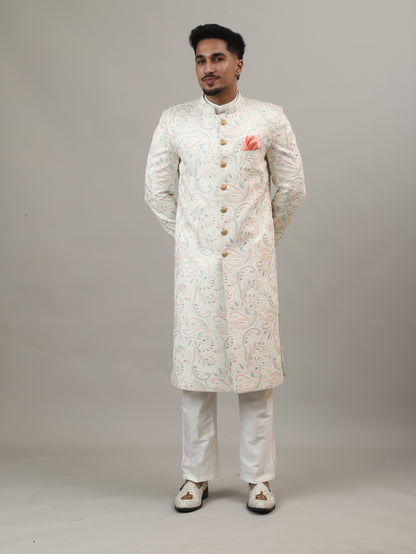 Ivory Maharaja-Inspired Jacquard Sherwani with All-Over Royal Motifs