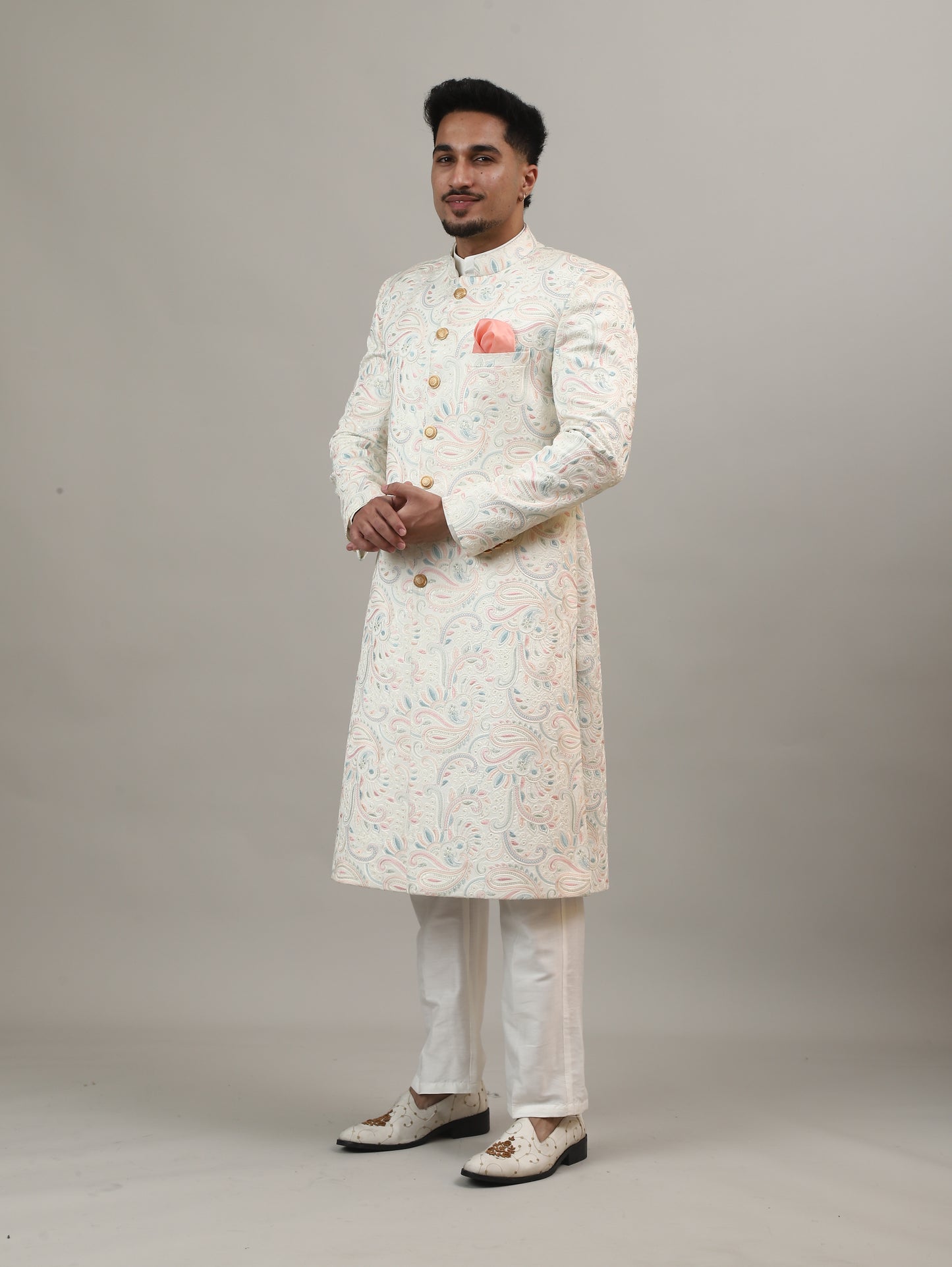 Ivory Maharaja-Inspired Jacquard Sherwani with All-Over Royal Motifs