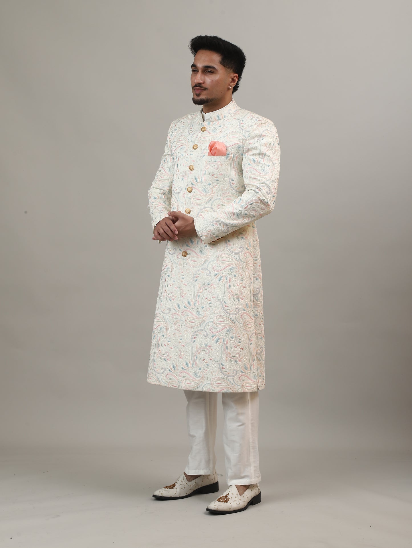 Ivory Maharaja-Inspired Jacquard Sherwani with All-Over Royal Motifs