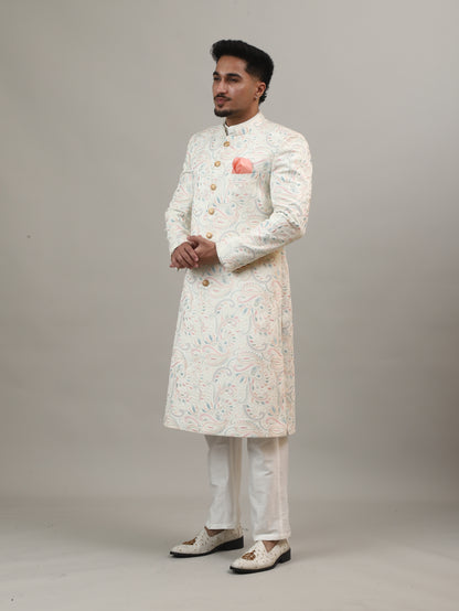 Ivory Maharaja-Inspired Jacquard Sherwani with All-Over Royal Motifs