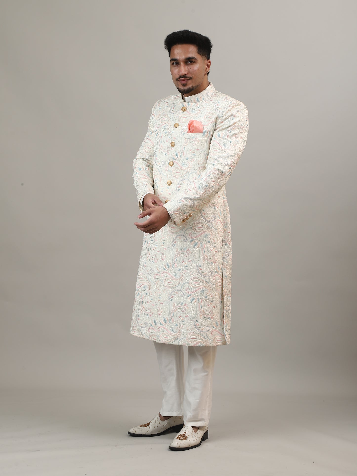 Ivory Maharaja-Inspired Jacquard Sherwani with All-Over Royal Motifs