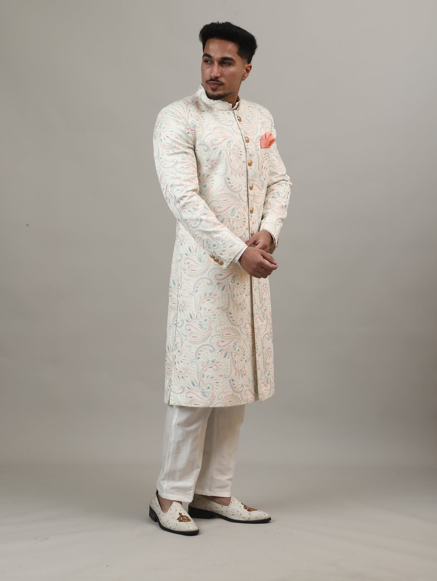 Ivory Maharaja-Inspired Jacquard Sherwani with All-Over Royal Motifs