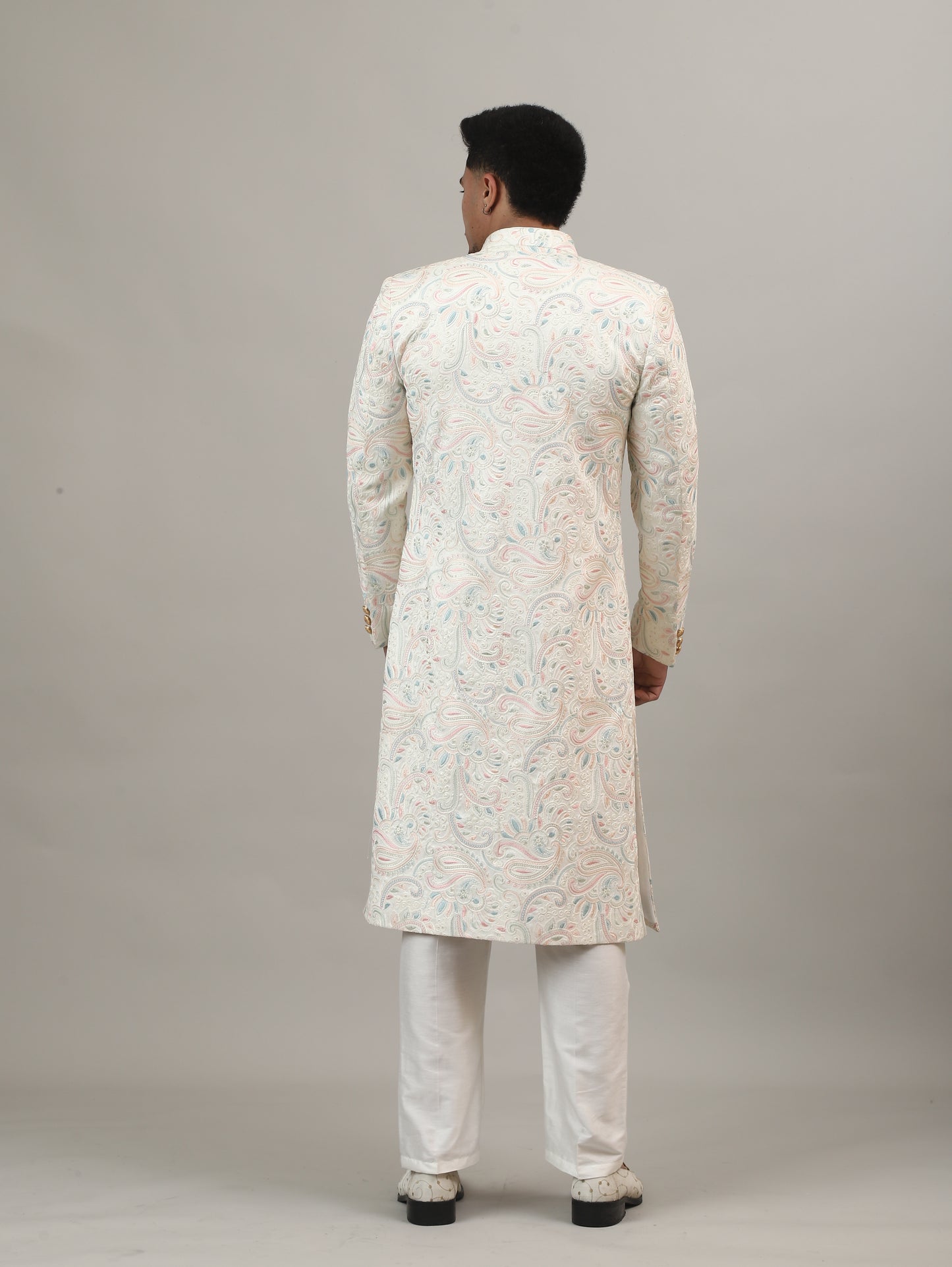 Ivory Maharaja-Inspired Jacquard Sherwani with All-Over Royal Motifs