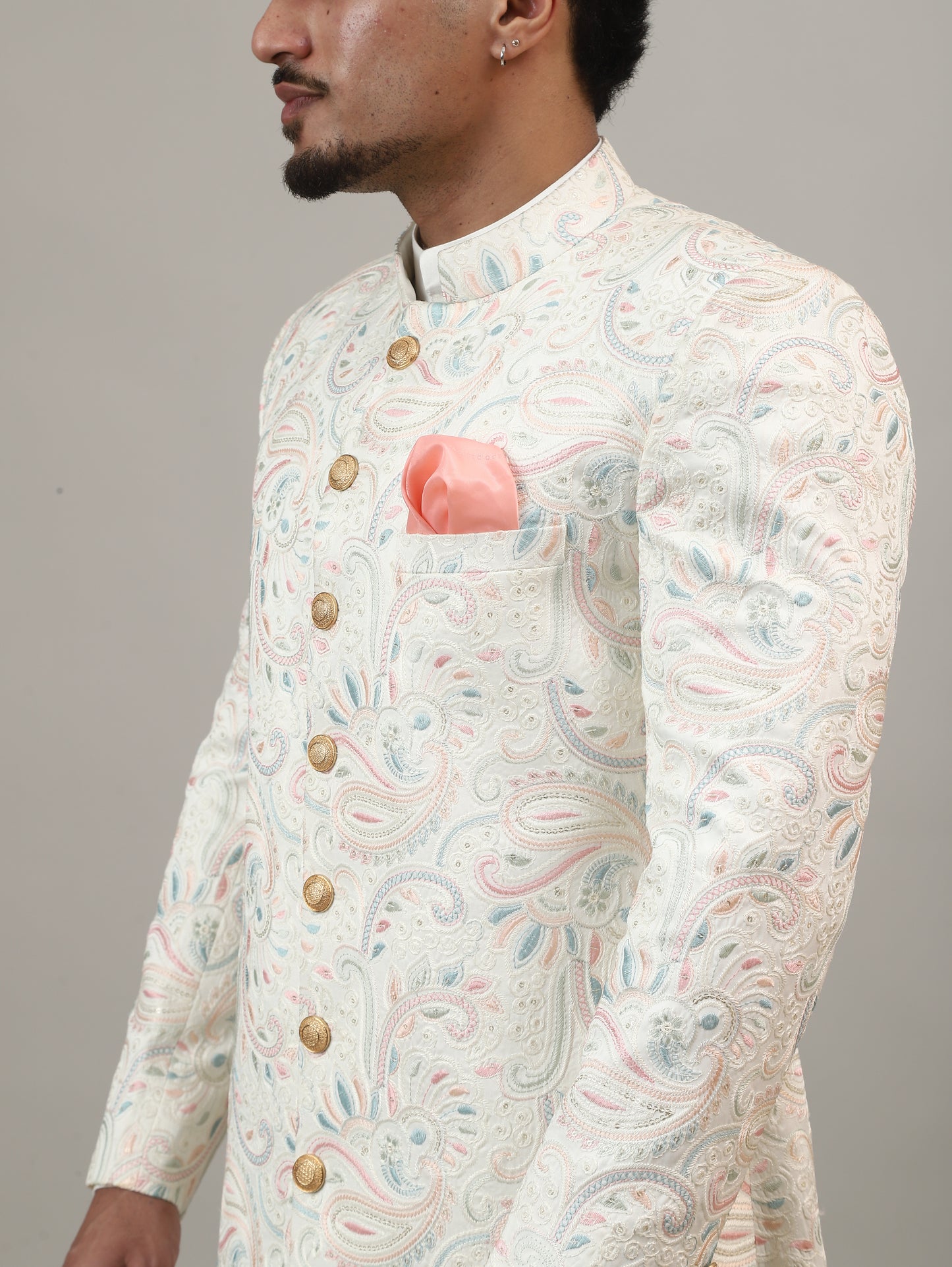 Ivory Maharaja-Inspired Jacquard Sherwani with All-Over Royal Motifs