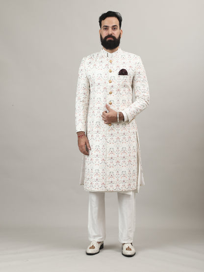 Cream Royal Embroidered Sherwani for Wedding & Groom Wear